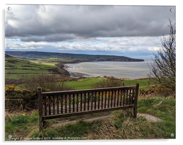 Bench with a view of Robin Hoods Bay Acrylic by Angela Wallace