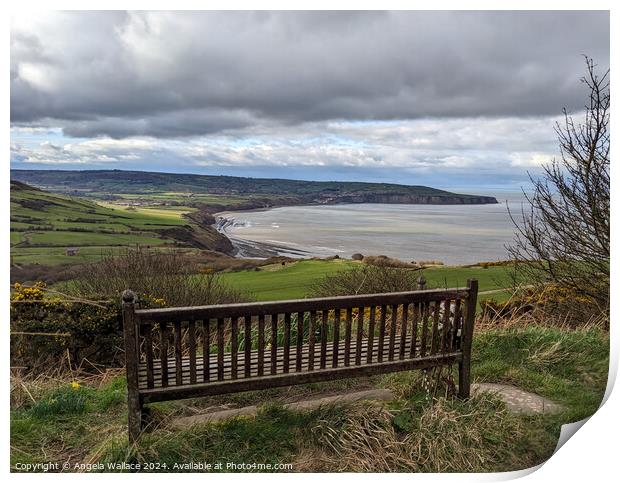 Bench with a view of Robin Hoods Bay Print by Angela Wallace