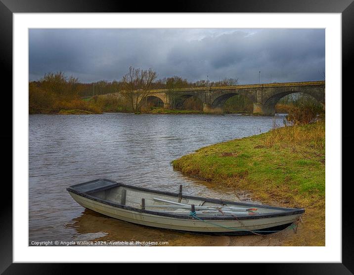 Moored Boat on river Tweed at Kelso Bridge Framed Mounted Print by Angela Wallace