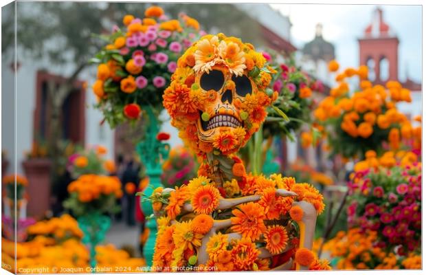 A statue crafted from flowers depicting a human skeleton, placed in a Mexico street for Dia de los Muertos Canvas Print by Joaquin Corbalan
