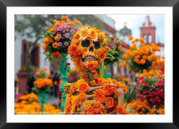 A statue crafted from flowers depicting a human skeleton, placed in a Mexico street for Dia de los Muertos Framed Mounted Print by Joaquin Corbalan