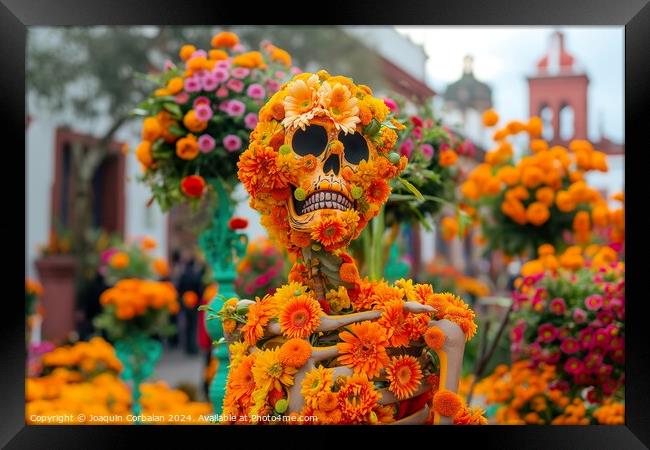 A statue crafted from flowers depicting a human skeleton, placed in a Mexico street for Dia de los Muertos Framed Print by Joaquin Corbalan