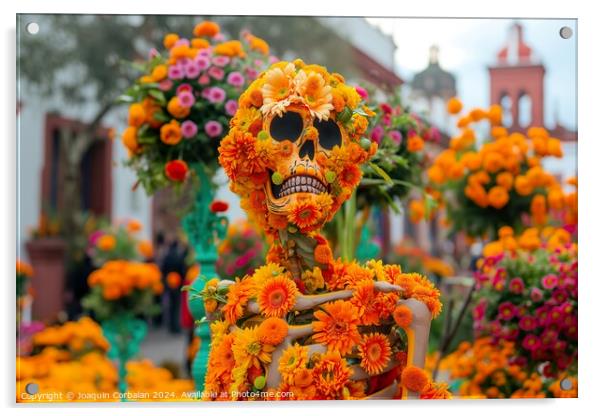 A statue crafted from flowers depicting a human skeleton, placed in a Mexico street for Dia de los Muertos Acrylic by Joaquin Corbalan