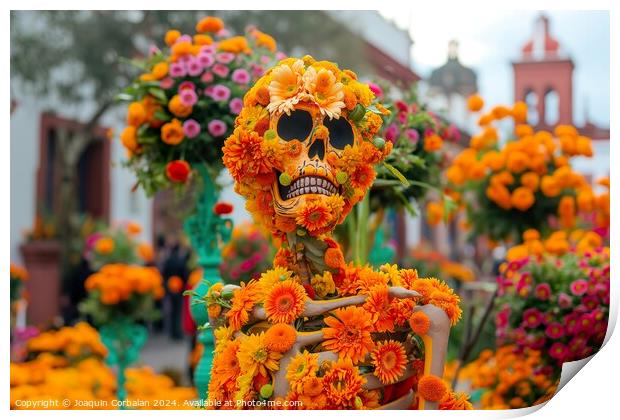 A statue crafted from flowers depicting a human skeleton, placed in a Mexico street for Dia de los Muertos Print by Joaquin Corbalan