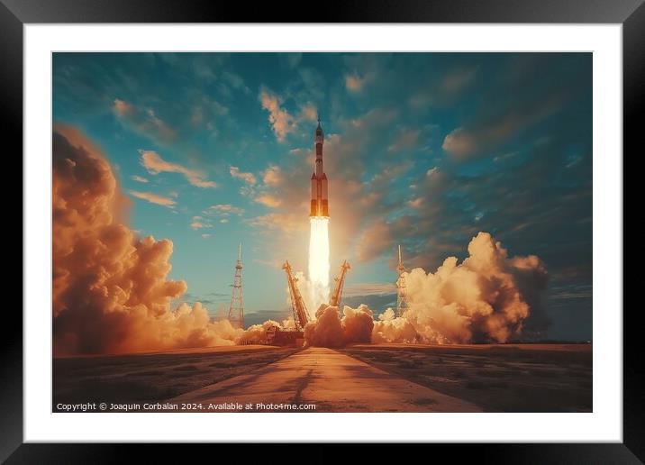 Rocket ascending into the sky from launch pad with flames and smoke trailing behind. Framed Mounted Print by Joaquin Corbalan