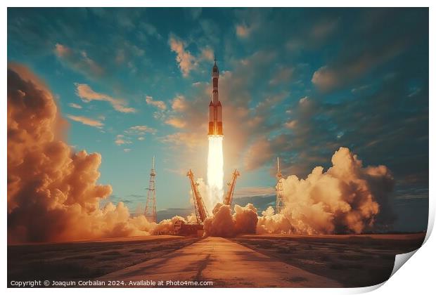 Rocket ascending into the sky from launch pad with flames and smoke trailing behind. Print by Joaquin Corbalan
