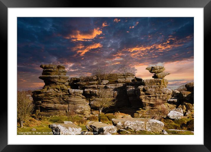 Dramatic sky at sunset over rugged rock formations in a serene landscape at Brimham Rocks, in North Yorkshire Framed Mounted Print by Man And Life