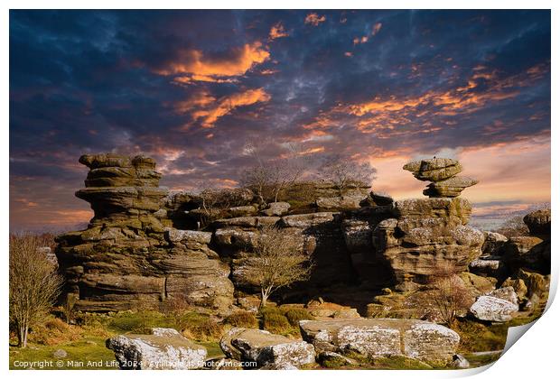 Dramatic sky at sunset over rugged rock formations in a serene landscape at Brimham Rocks, in North Yorkshire Print by Man And Life