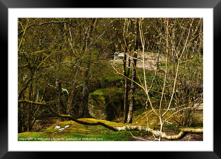 Serene woodland scene with moss-covered rocks and meandering stream, showcasing the tranquility of nature at Brimham Rocks, in North Yorkshire Framed Mounted Print by Man And Life