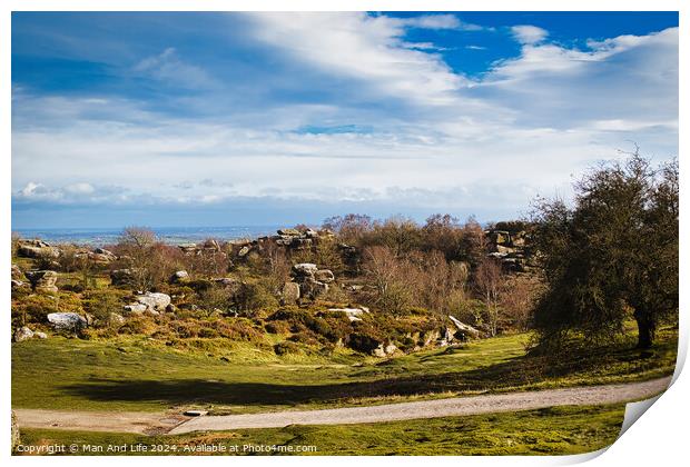 Idyllic rural landscape with lush green fields, scattered trees, and a clear blue sky with fluffy clouds at Brimham Rocks, in North Yorkshire Print by Man And Life
