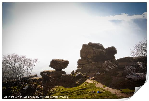 Misty landscape with balancing rock formations and a clear path under a bright sky at Brimham Rocks, in North Yorkshire Print by Man And Life