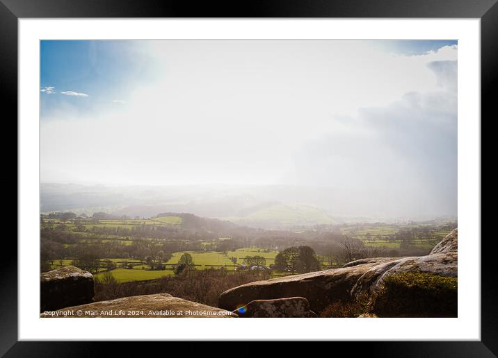 Sunny landscape with rolling hills and clear skies, ideal for travel and nature themes at Brimham Rocks, in North Yorkshire Framed Mounted Print by Man And Life