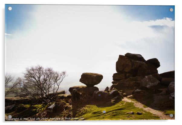 Sunny landscape with silhouetted rock formations and a clear sky at Brimham Rocks, in North Yorkshire Acrylic by Man And Life