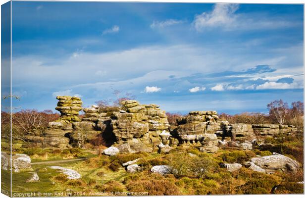 Picturesque rocky landscape with unique rock formations under a blue sky with fluffy clouds at Brimham Rocks, in North Yorkshire Canvas Print by Man And Life