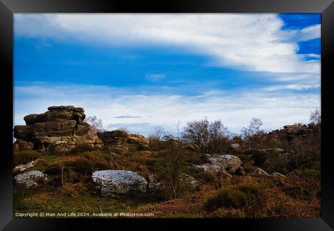 Scenic view of rock formations under a dramatic blue sky with clouds at Brimham Rocks, in North Yorkshire Framed Print by Man And Life