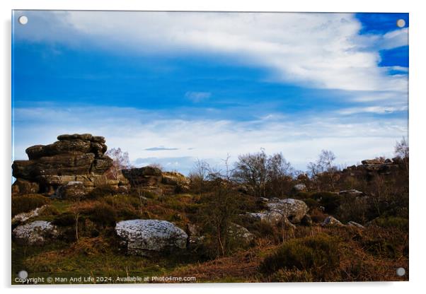 Scenic view of rock formations under a dramatic blue sky with clouds at Brimham Rocks, in North Yorkshire Acrylic by Man And Life