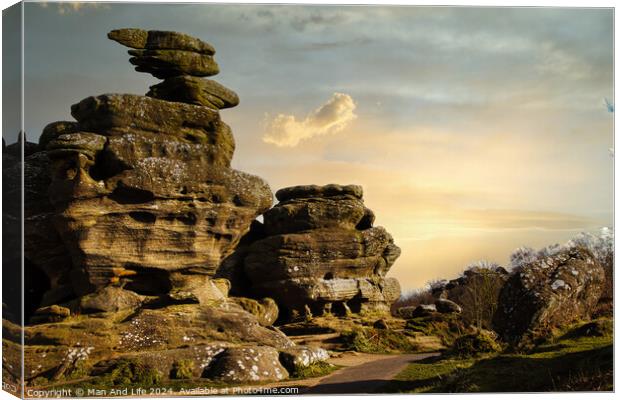 Scenic view of unique rock formations under a golden sunset sky with lush greenery in the foreground at Brimham Rocks, in North Yorkshire Canvas Print by Man And Life