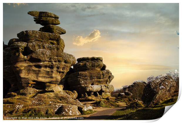 Scenic view of unique rock formations under a golden sunset sky with lush greenery in the foreground at Brimham Rocks, in North Yorkshire Print by Man And Life