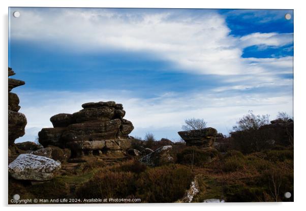 Scenic view of rugged rock formations amidst wild heath under a cloudy sky at Brimham Rocks, in North Yorkshire Acrylic by Man And Life