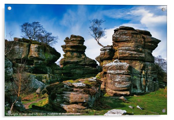 Scenic view of weathered rock formations with a solitary tree against a blue sky with clouds at Brimham Rocks, in North Yorkshire Acrylic by Man And Life