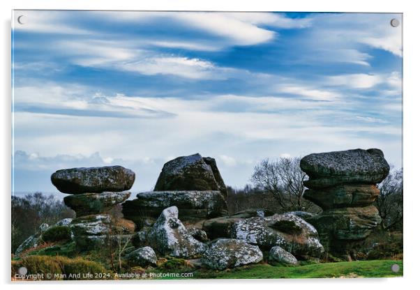 Scenic view of unique rock formations with moss under a cloudy sky in a lush green landscape at Brimham Rocks, in North Yorkshire Acrylic by Man And Life