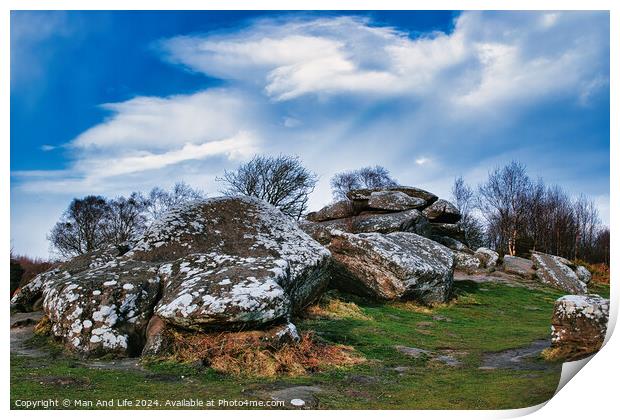 Rugged landscape with moss-covered rocks under a cloudy sky at Brimham Rocks, in North Yorkshire Print by Man And Life