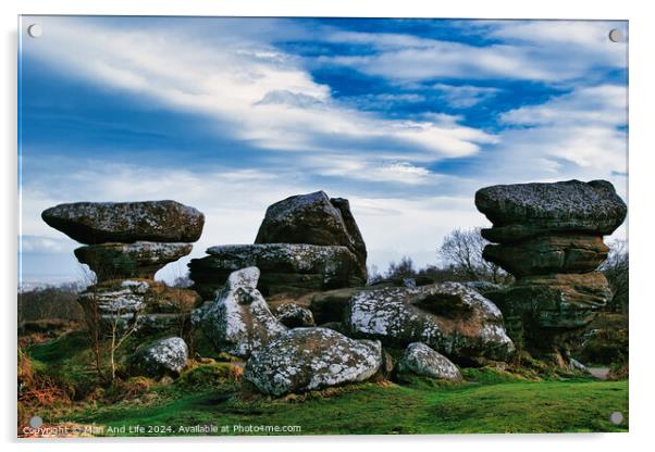 Scenic view of unique rock formations under a blue sky with clouds at Brimham Rocks, in North Yorkshire Acrylic by Man And Life