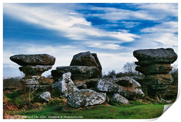 Scenic view of unique rock formations under a blue sky with clouds at Brimham Rocks, in North Yorkshire Print by Man And Life
