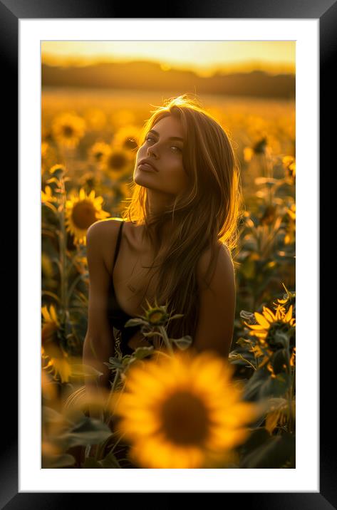 Beautiful woman in a field of Sunflowers Framed Mounted Print by T2 