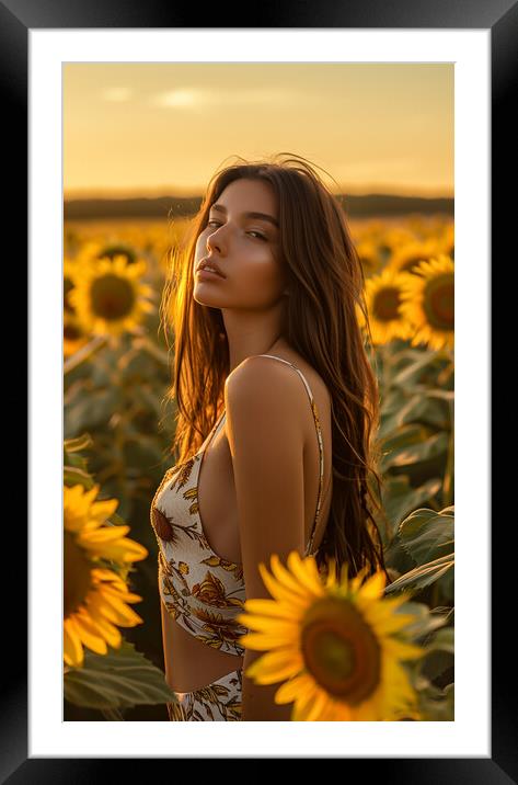 Beautiful woman in a field of Sunflowers Framed Mounted Print by T2 