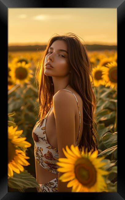Beautiful woman in a field of Sunflowers Framed Print by T2 