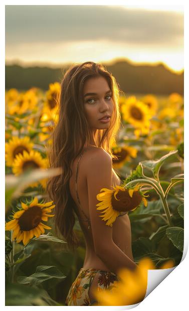 Beautiful woman in a field of Sunflowers Print by T2 