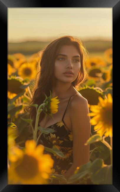 Beautiful woman in a field of Sunflowers Framed Print by T2 