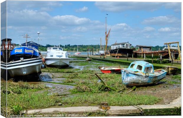 Pin Mill low tide on the Hard  Canvas Print by Diana Mower