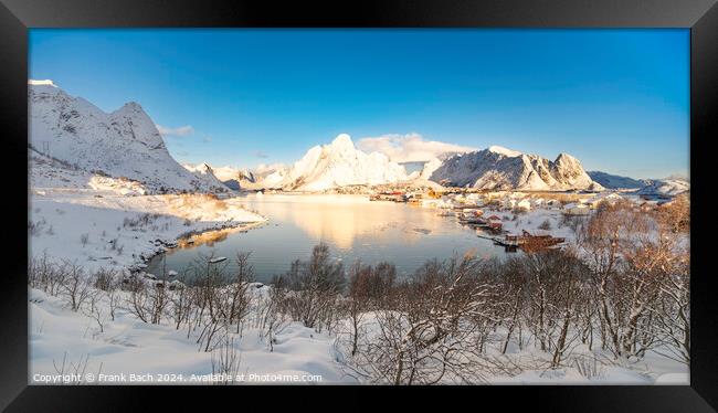 Lofoten Rein panorama over the fishing village, Norway Framed Print by Frank Bach