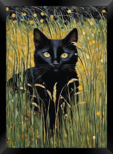 Black Cat Among Grass Framed Print by Anne Macdonald