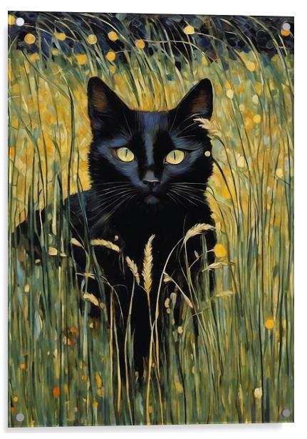 Black Cat Among Grass Acrylic by Anne Macdonald