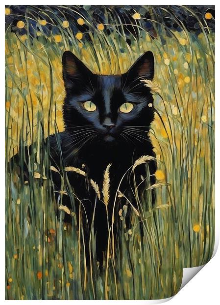 Black Cat Among Grass Print by Anne Macdonald