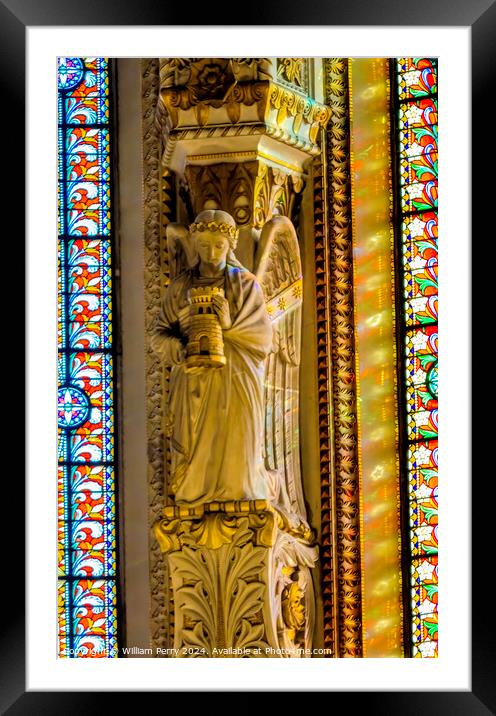 Angel Statue Stained Glass Basilica of Notre Dame Lyon France Framed Mounted Print by William Perry
