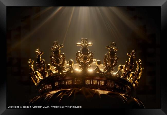 A crown glows under a golden beam against a black background. Framed Print by Joaquin Corbalan