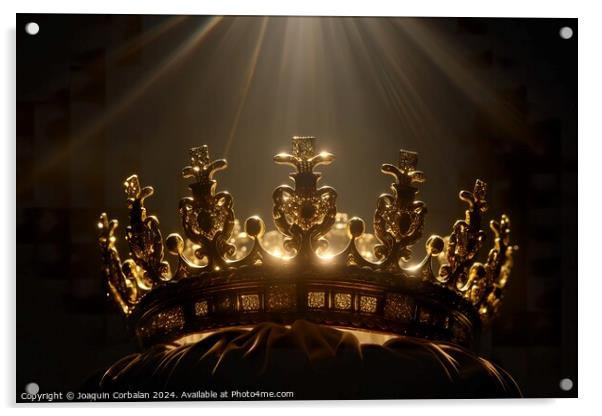 A crown glows under a golden beam against a black background. Acrylic by Joaquin Corbalan