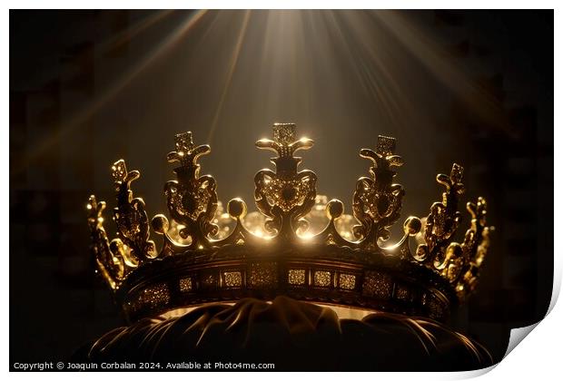 A crown glows under a golden beam against a black background. Print by Joaquin Corbalan