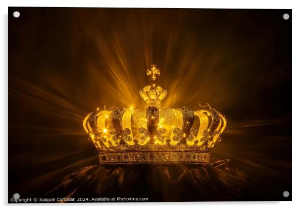 A golden crown illuminated by bright lights on a black background. Acrylic by Joaquin Corbalan