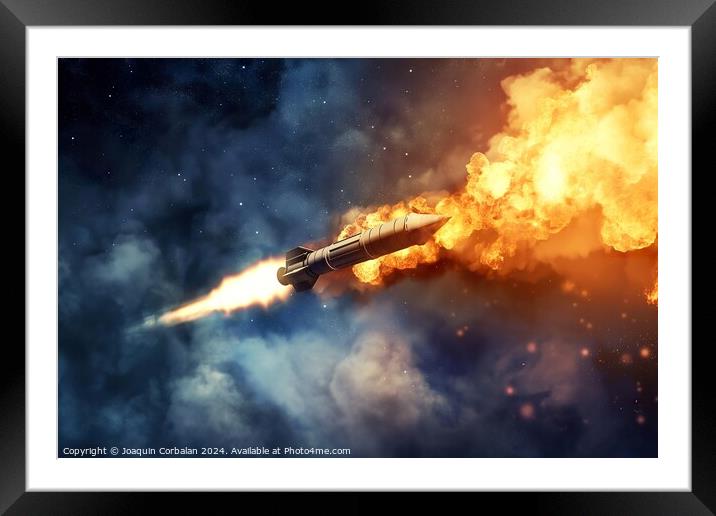 A private space shuttle flies through the sky, engulfed in flames and smoke. Framed Mounted Print by Joaquin Corbalan