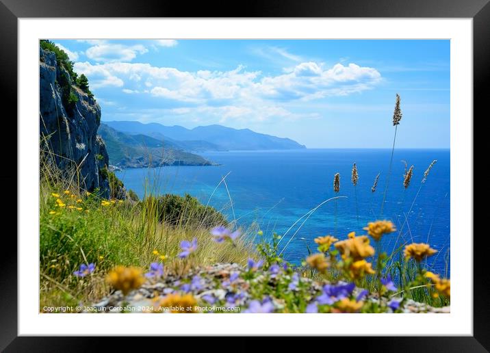 A scenic view of the ocean from a cliff on a Greek island. Framed Mounted Print by Joaquin Corbalan