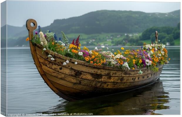 A viking boat filled with colorful flowers gently glides on the calm lake waters. Canvas Print by Joaquin Corbalan