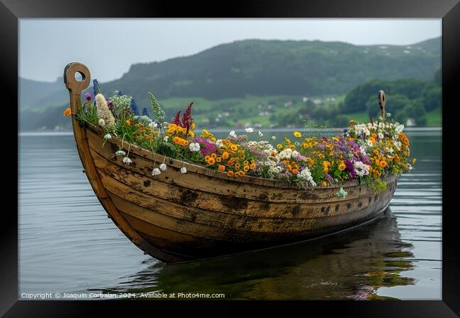 A viking boat filled with colorful flowers gently glides on the calm lake waters. Framed Print by Joaquin Corbalan