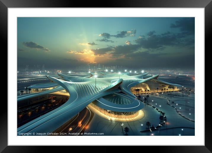 An artistic portrayal of a futuristic airport illuminated at night with sleek architecture and futuristic lighting. Framed Mounted Print by Joaquin Corbalan