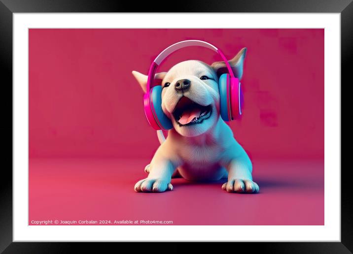 Illustration of a white puppy happily wearing colorful headphones on its ears. Framed Mounted Print by Joaquin Corbalan