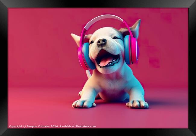 Illustration of a white puppy happily wearing colorful headphones on its ears. Framed Print by Joaquin Corbalan